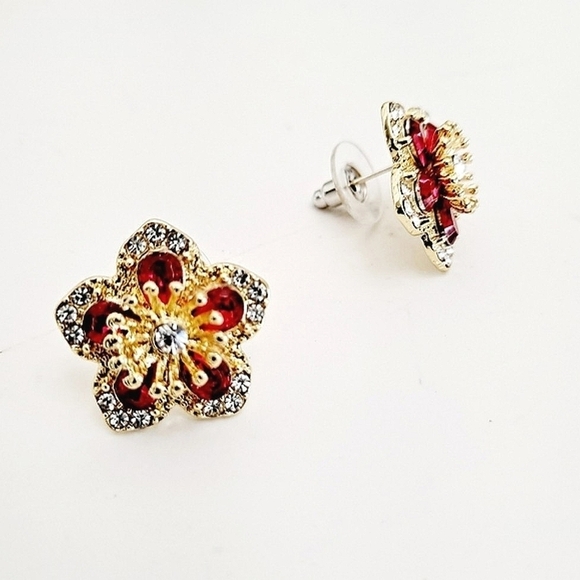 💖 2/$30 Womens boho Floral Rhinestone red gold elegant Stud cocktail Earrings - Picture 14 of 15